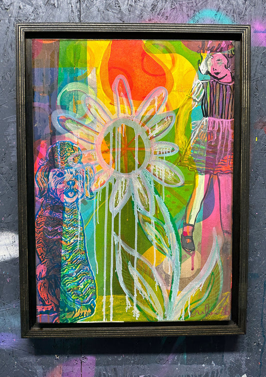Multi-colour screenprint, yellow/orange/green, psychedelic dogs and dripping daisy with rainbow rays