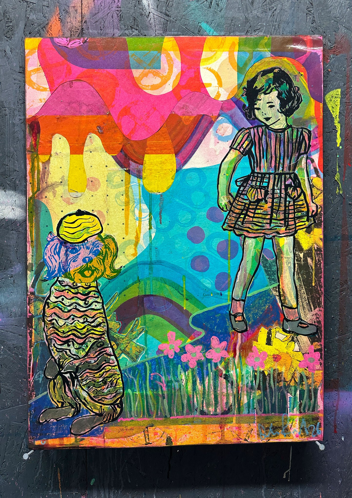 Multi-colour screenprint, pink orange yellow cyan purple, two dancing girls with flowers and patterns, original artwork