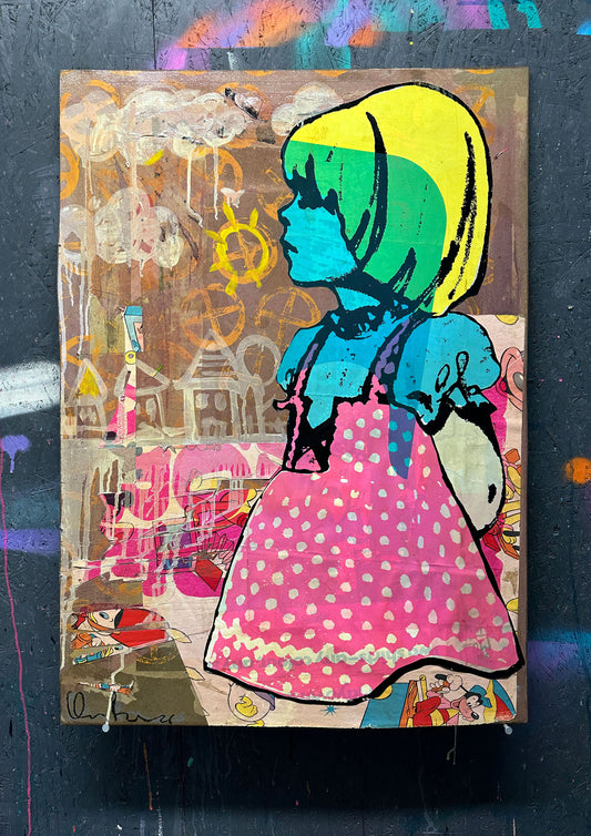 Mixed media screenprint, pink, yellow and turquoise, girl in polka-dot dress with vintage book collage
