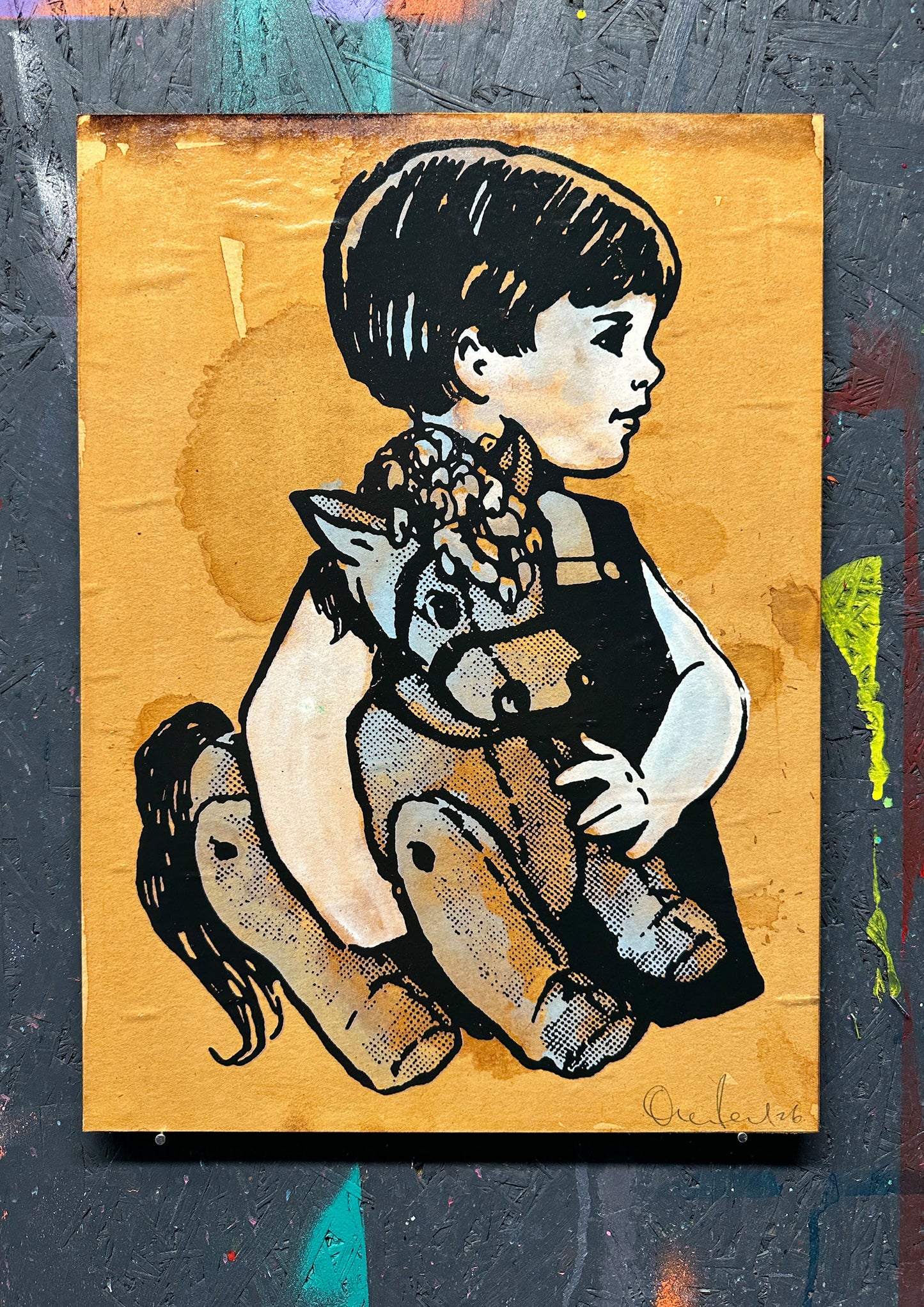 4-colour screenprint, rust brown and black with halftone, child holding reptiles in profile
