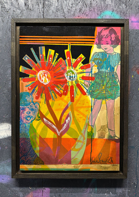 Multi-colour screenprint, orange yellow pink teal black, vintage girl and radiating flower collage