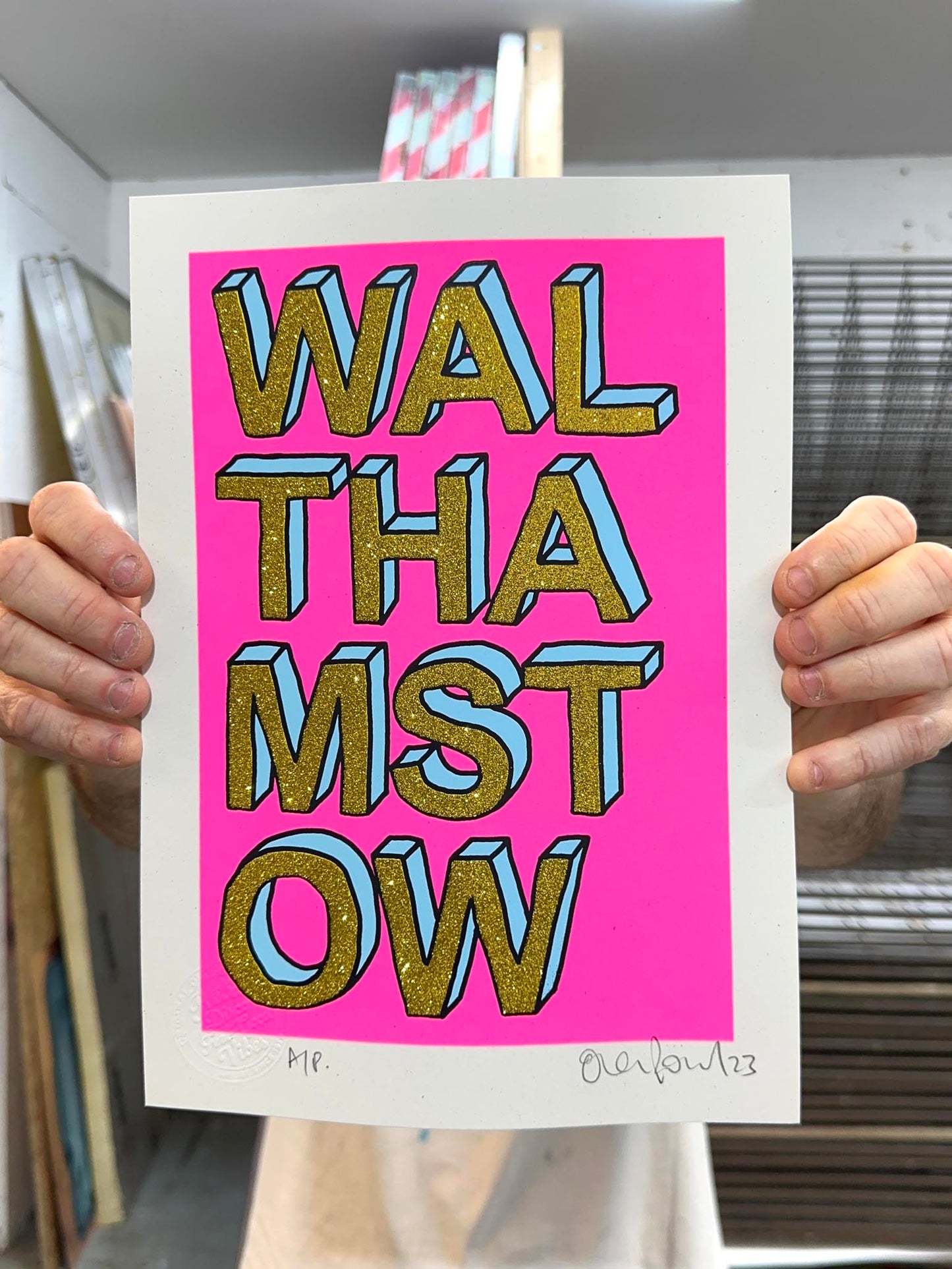 Walthamstow A4 Gld Glitter Handpulled Screenprint