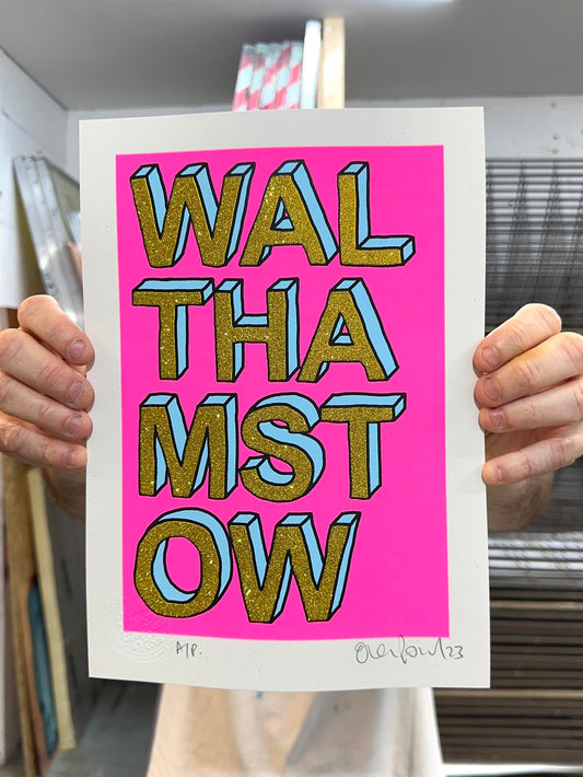 Walthamstow A4 Gld Glitter Handpulled Screenprint