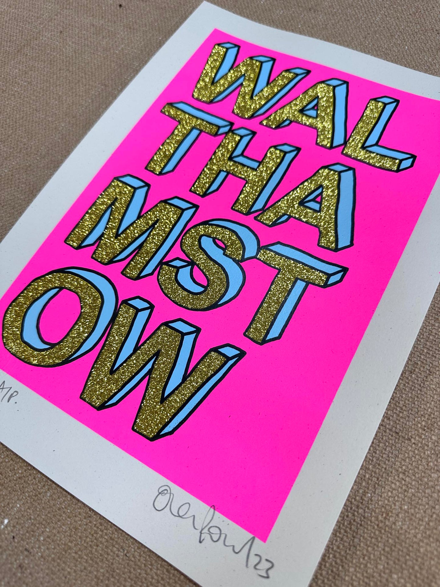 Walthamstow A4 Gld Glitter Handpulled Screenprint