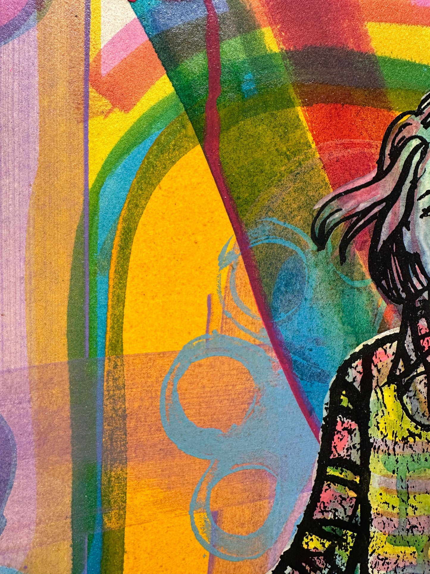Multi-colour screenprint, yellow orange pink, woman in psychedelic swirling waves, original artwork