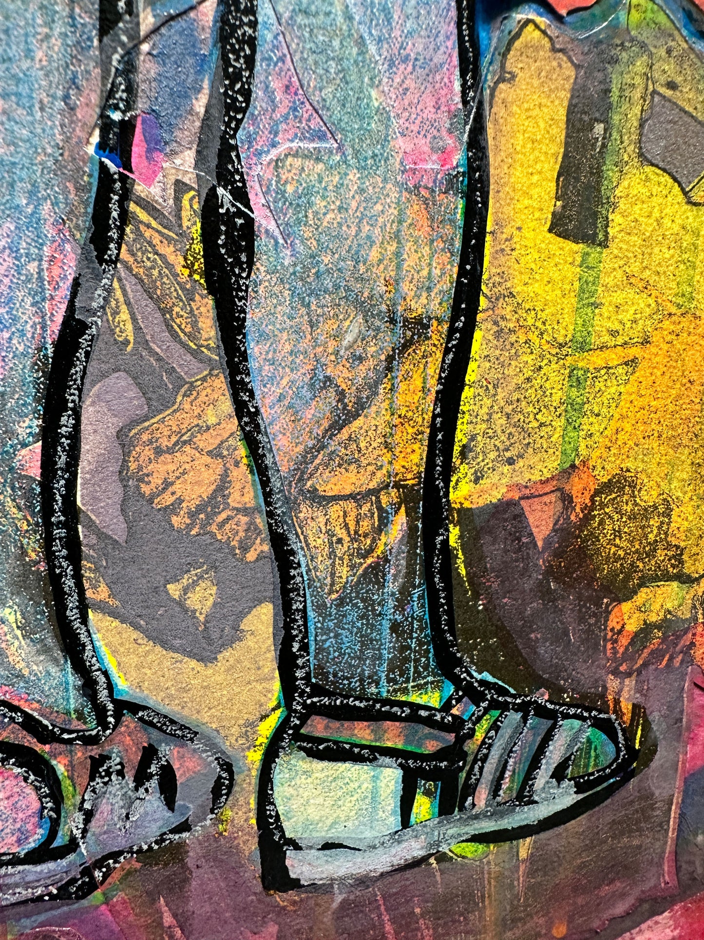 Multi-colour mixed media, orange pink yellow, girl and black cat walking home past houses with daffodils, original