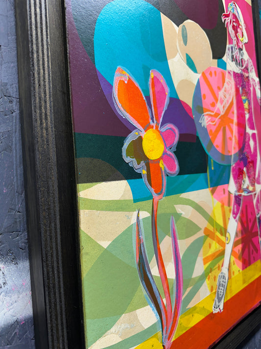 Multi-colour screenprint, hot pink and orange, psychedelic female figure with geometric flower, original artwork