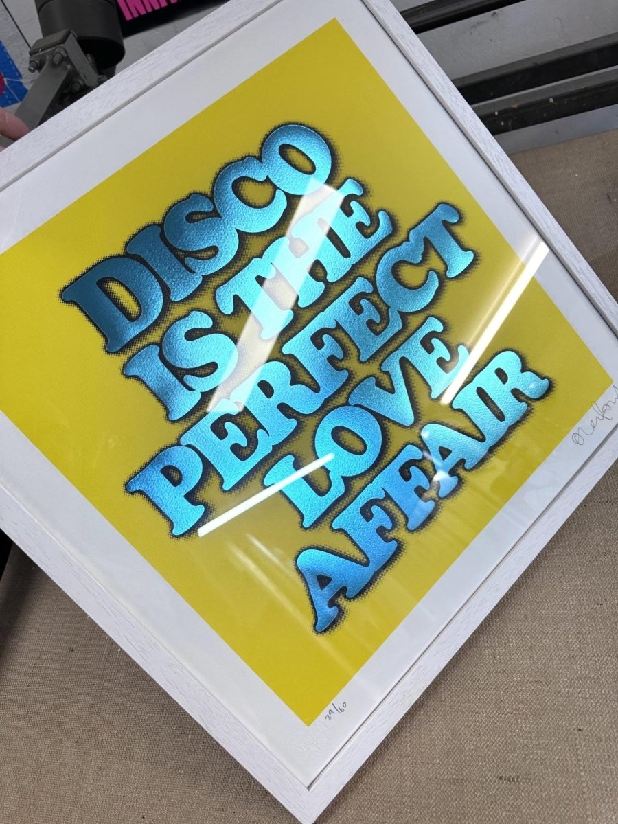 DISCO IS...YELLOW (FRAMED) OLI FOWLER ART tag1 framed art