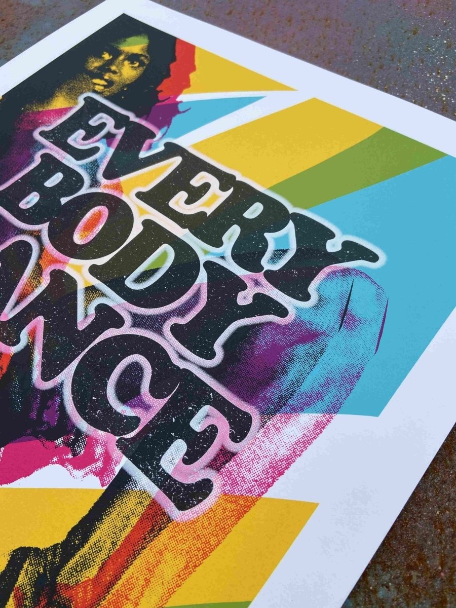 8-colour screenprint, rainbow stripes black halftone dancer, 'Everybody Dance' text, edition of 40, white stock