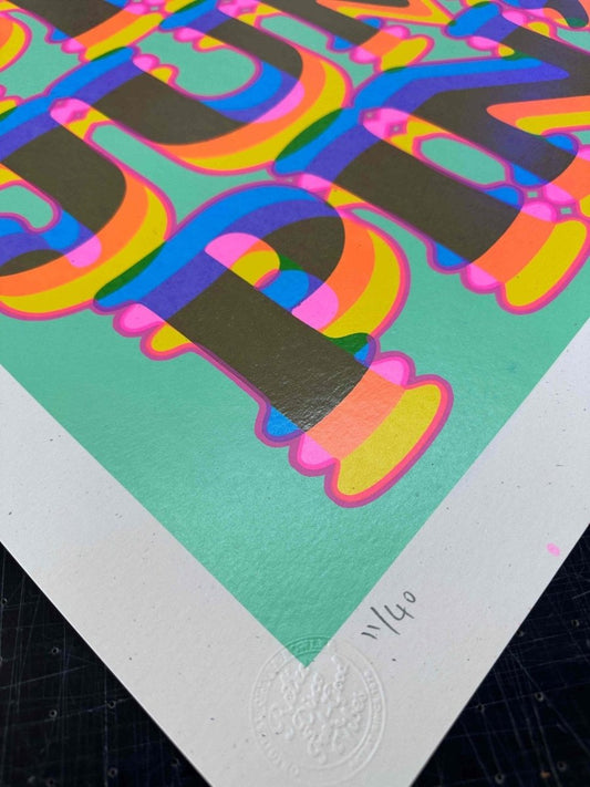 7-colour screenprint, mint green, rainbow psychedelic bubble letters 'Jumpin'', edition of 40, white stock