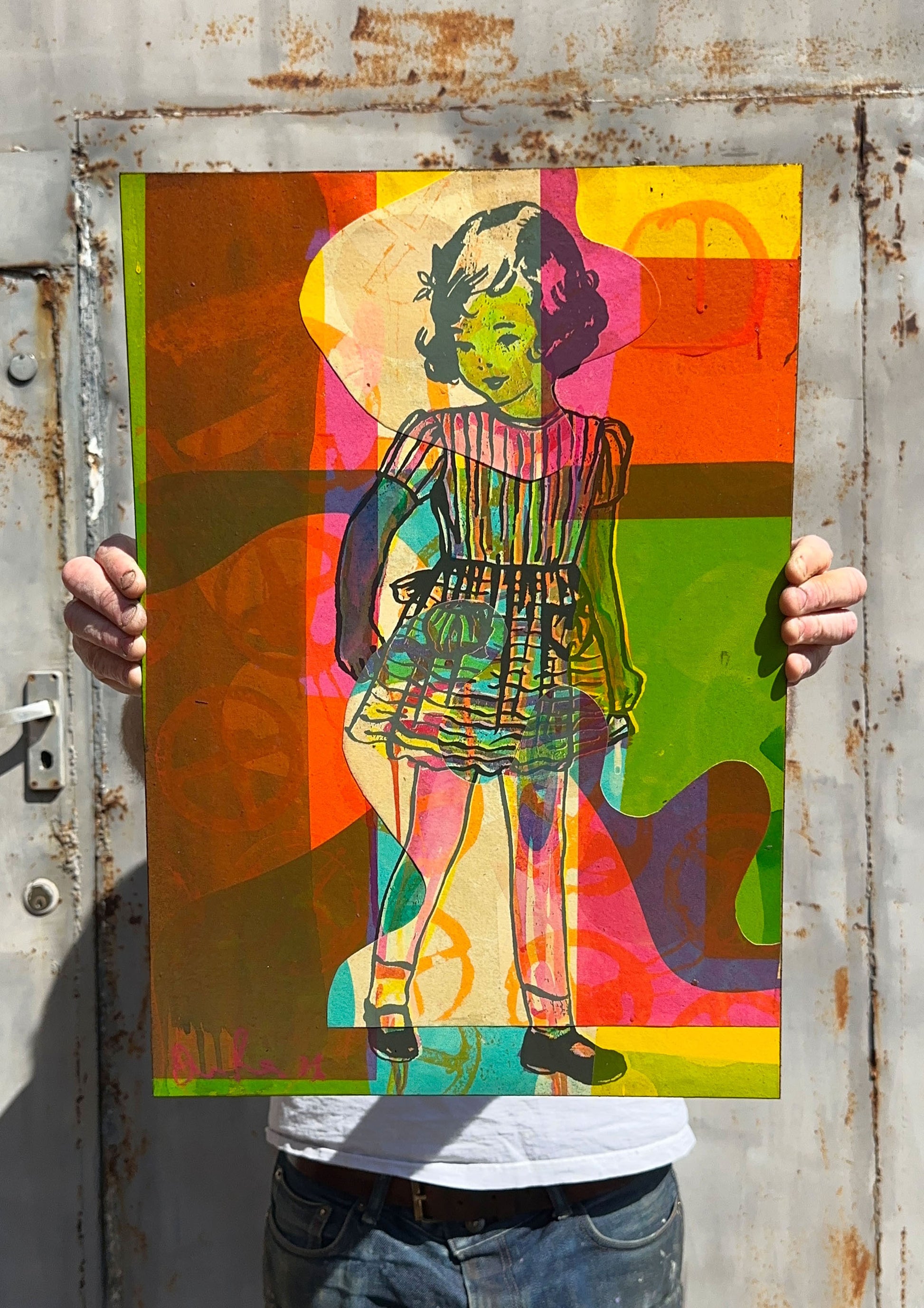Hand-painted screenprint collage, neon yellows pinks oranges greens, vintage girl with hat and basket