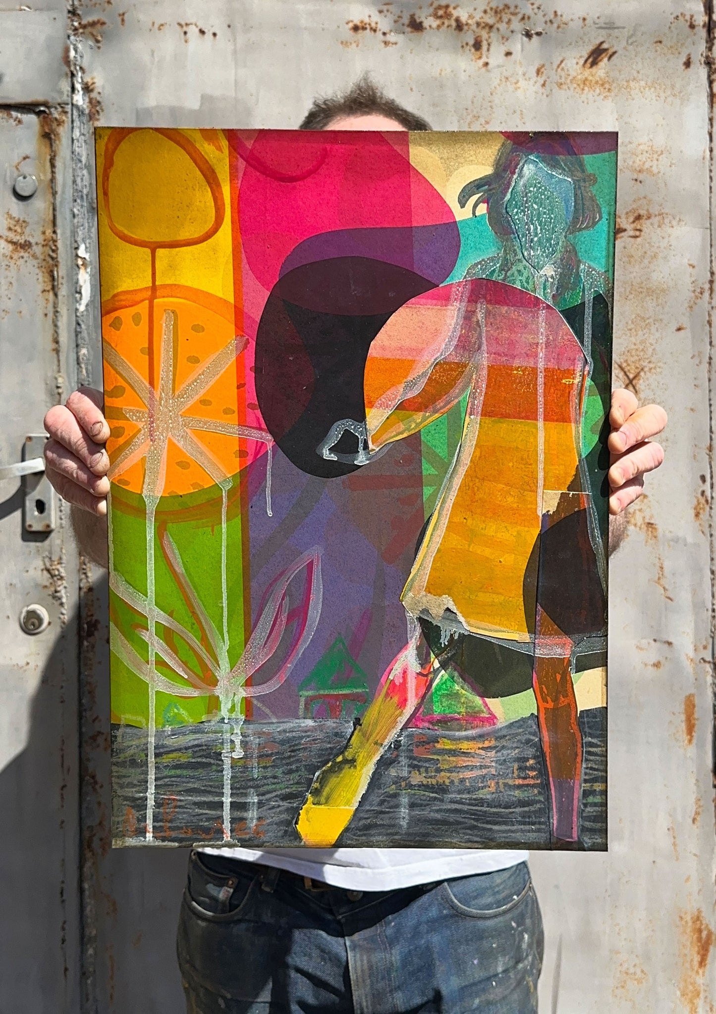 Hand-painted screenprint collage, neon yellows pinks oranges greens, vintage girl with hat and basket