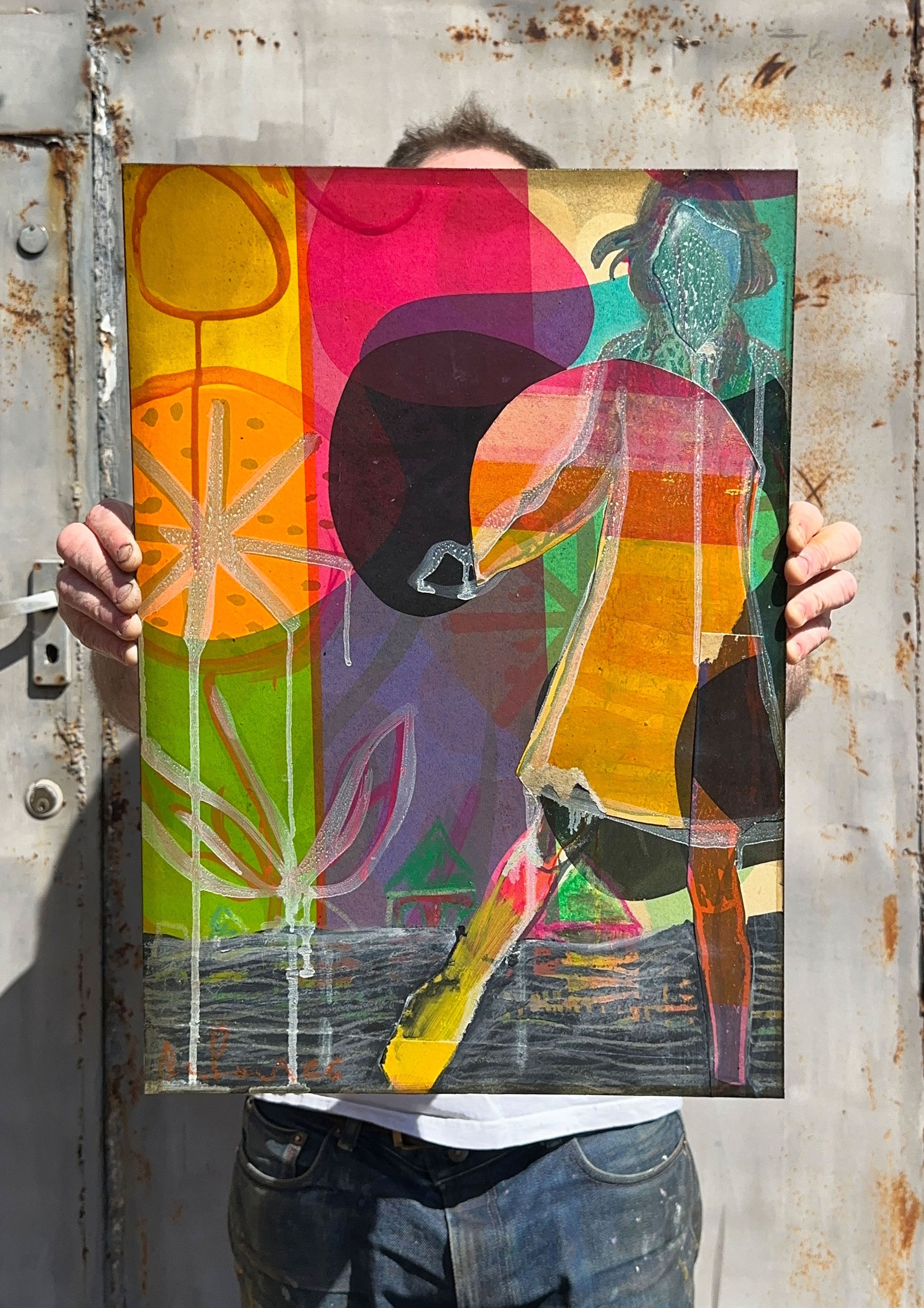 Hand-painted screenprint collage, neon yellows pinks oranges greens, vintage girl with hat and basket