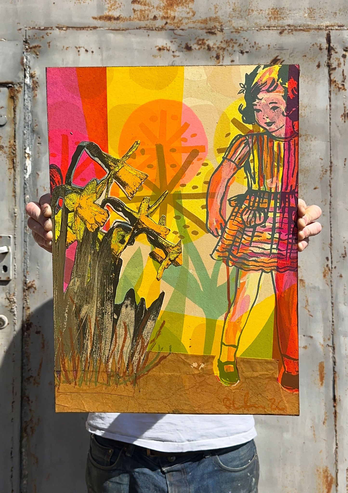 Multi-colour hand-painted collage screenprint, yellow orange pink magenta green, figure with yellow daffodils