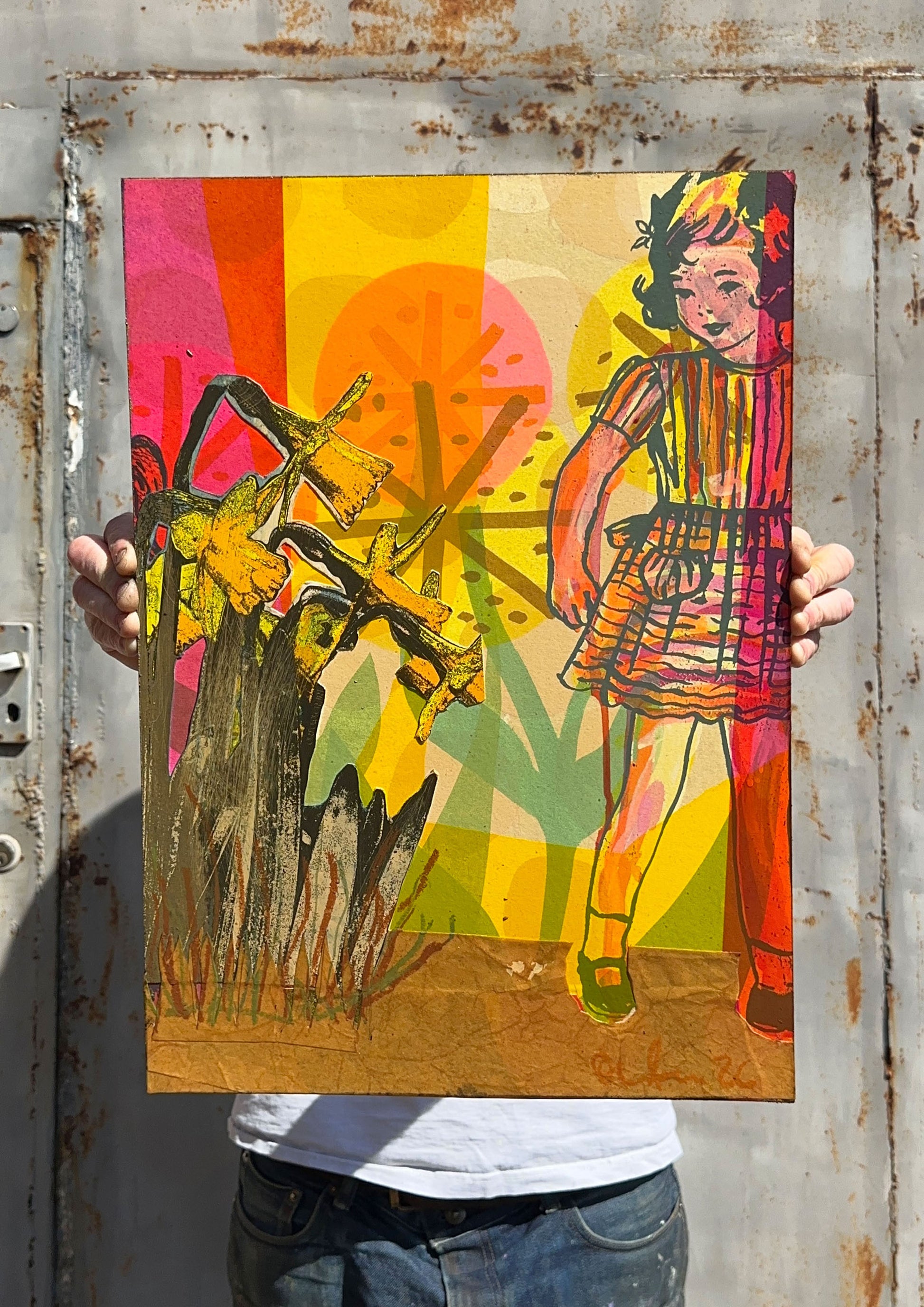 Multi-colour hand-painted collage screenprint, yellow orange pink magenta green, figure with yellow daffodils