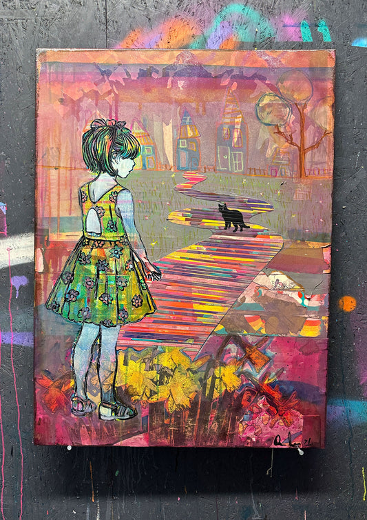 Multi-colour mixed media, orange pink yellow, girl and black cat walking home past houses with daffodils, original