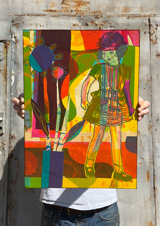 Hand-painted screenprint collage, neon yellows pinks oranges greens, vintage girl with hat and basket