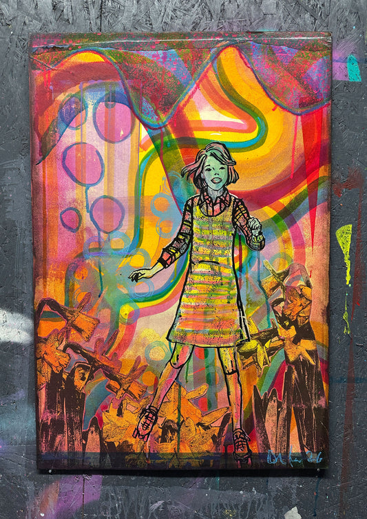 Multi-colour screenprint, yellow orange pink, woman in psychedelic swirling waves, original artwork