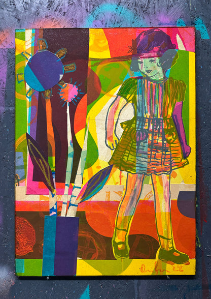 Hand-painted screenprint collage, neon yellows pinks oranges greens, vintage girl with hat and basket