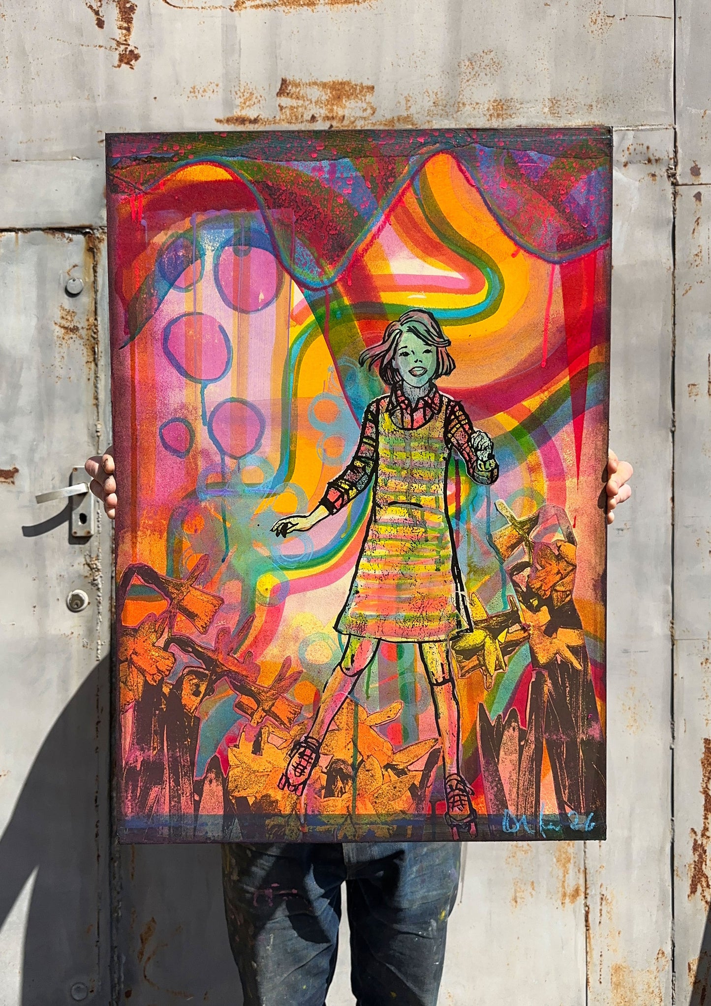 Ride The Wave No.2 hand-pulled screenprint by Oli Fowler, roller-skating female figure in vivid psychedelic colour