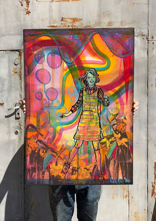 Multi-colour screenprint, yellow orange pink, woman in psychedelic swirling waves, original artwork