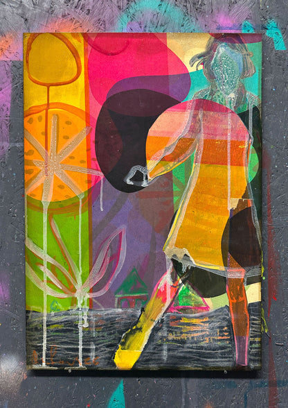 Hand-painted screenprint collage, neon yellows pinks oranges greens, vintage girl with hat and basket