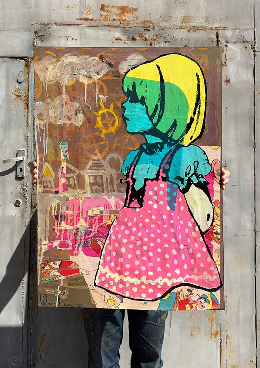 Mixed media screenprint, pink, yellow and turquoise, girl in polka-dot dress with vintage book collage