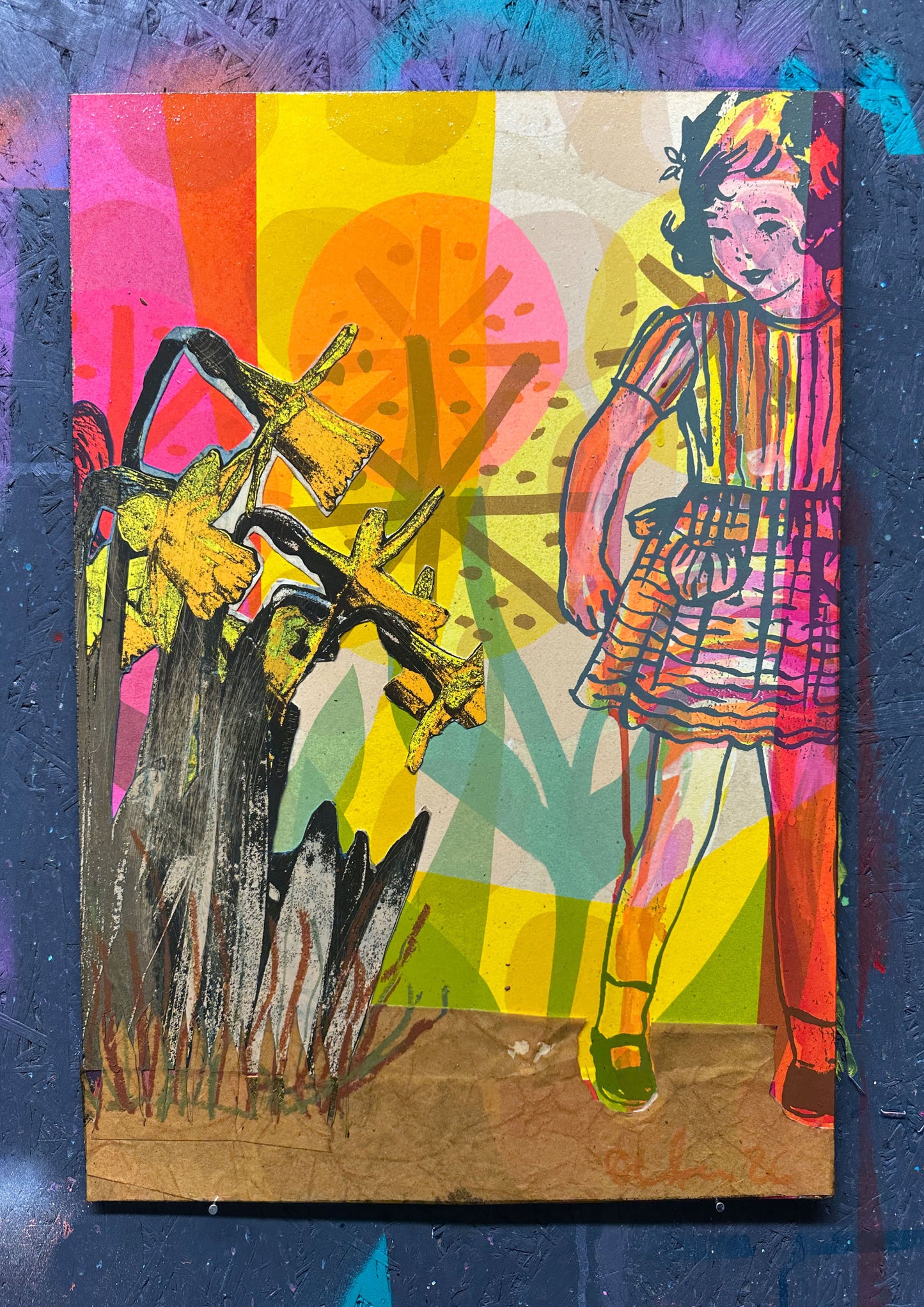 Multi-colour hand-painted collage screenprint, yellow orange pink magenta green, figure with yellow daffodils