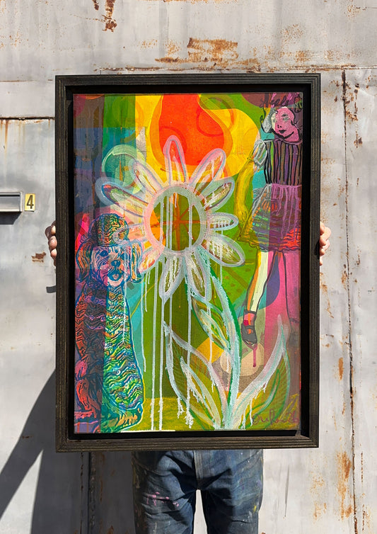 Multi-colour screenprint, yellow/orange/green, psychedelic dogs and dripping daisy with rainbow rays