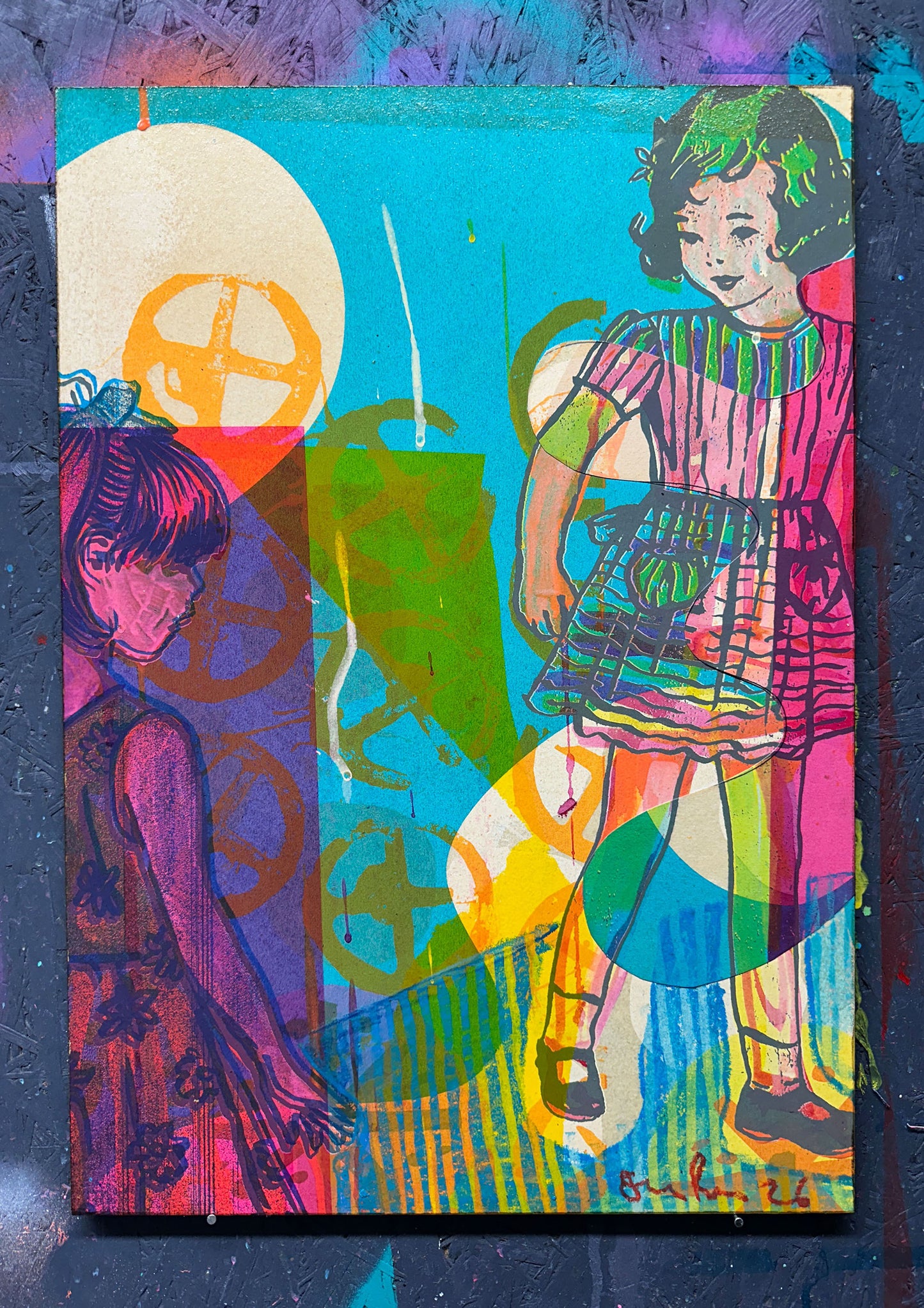 Hand-painted screenprint collage, neon yellows pinks oranges greens, vintage girl with hat and basket