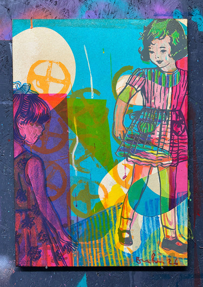 Hand-painted screenprint collage, neon yellows pinks oranges greens, vintage girl with hat and basket