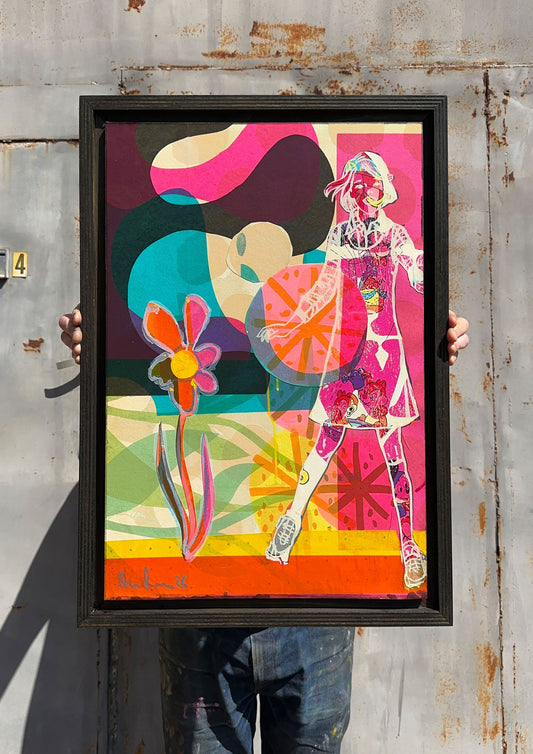 Multi-colour screenprint, hot pink and orange, psychedelic female figure with geometric flower, original artwork