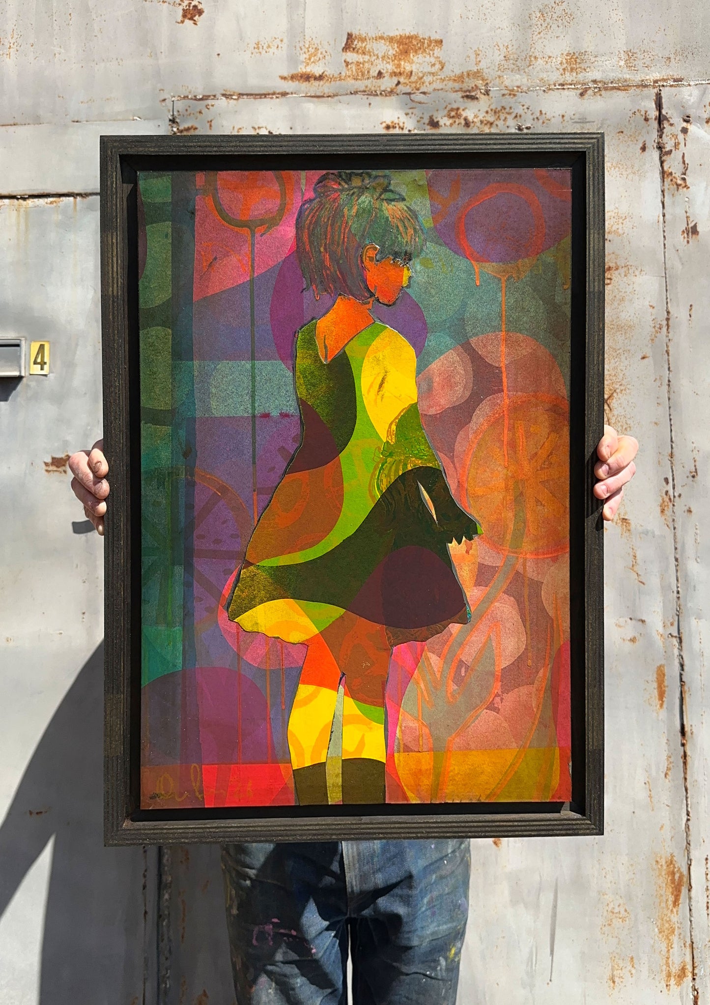 Multi-colour screenprint, yellow, orange, green & purple, geometric figure with overlapping layers, framed