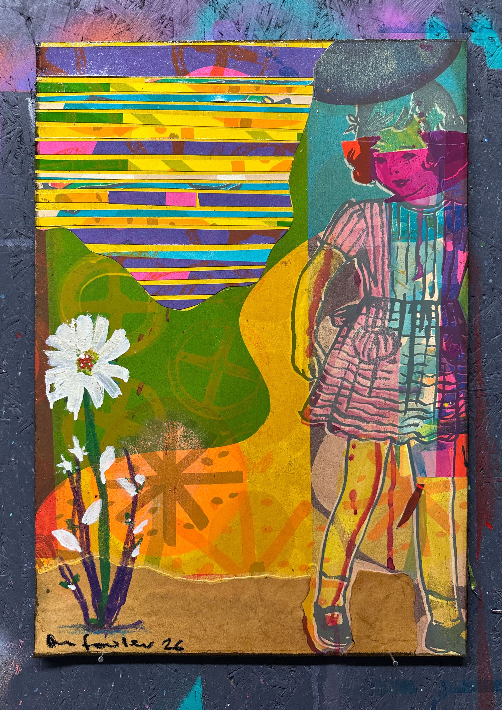 Multi-colour hand-painted collage screenprint, yellow pink teal, vintage girl with geometric flowers and daisies