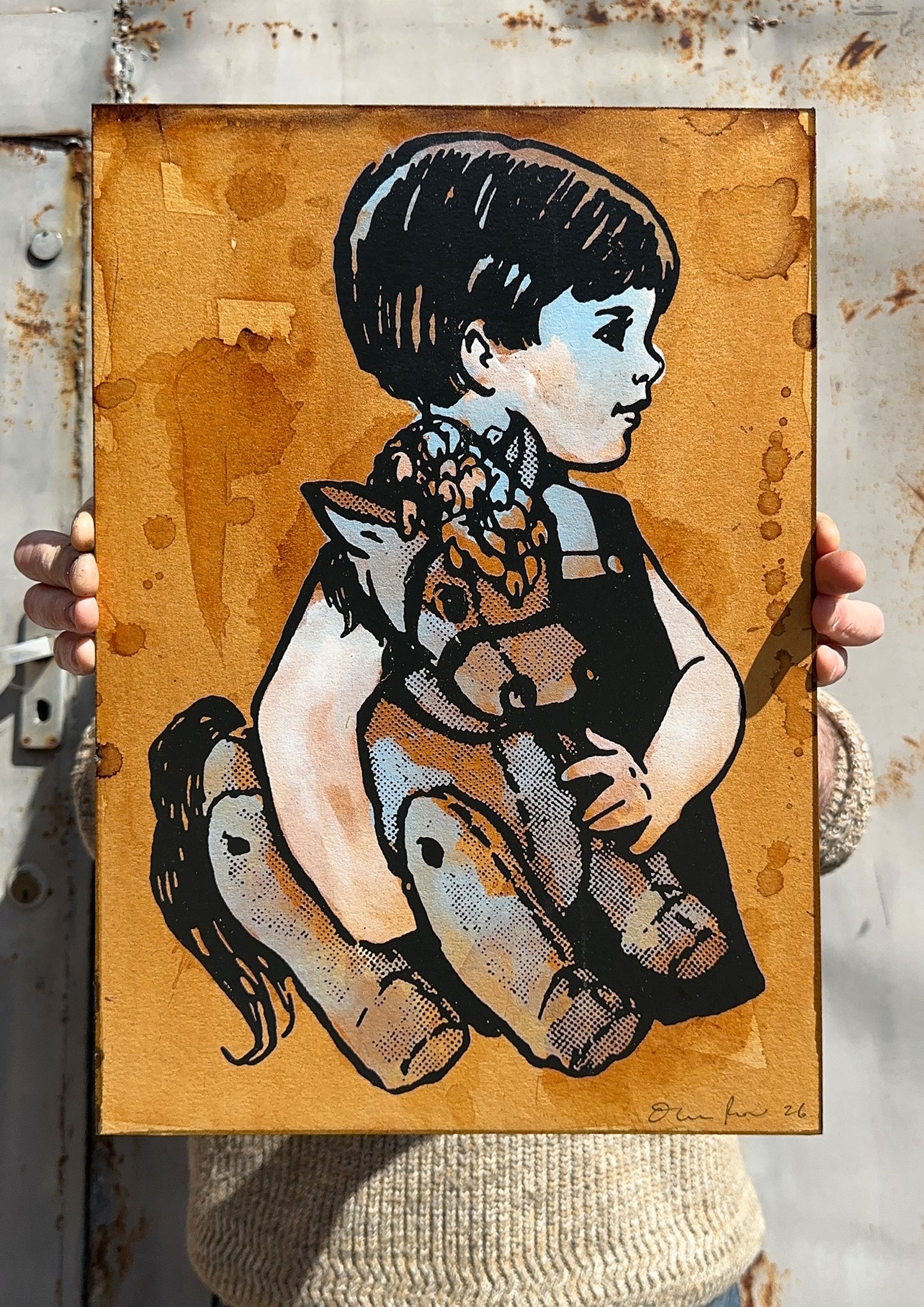 Stay Curious hand-pulled screenprint original by Oli Fowler, child holding a lamb on tea-stained amber paper