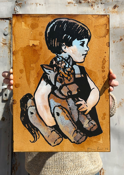 Stay Curious hand-pulled screenprint original by Oli Fowler, child holding a lamb on tea-stained amber paper