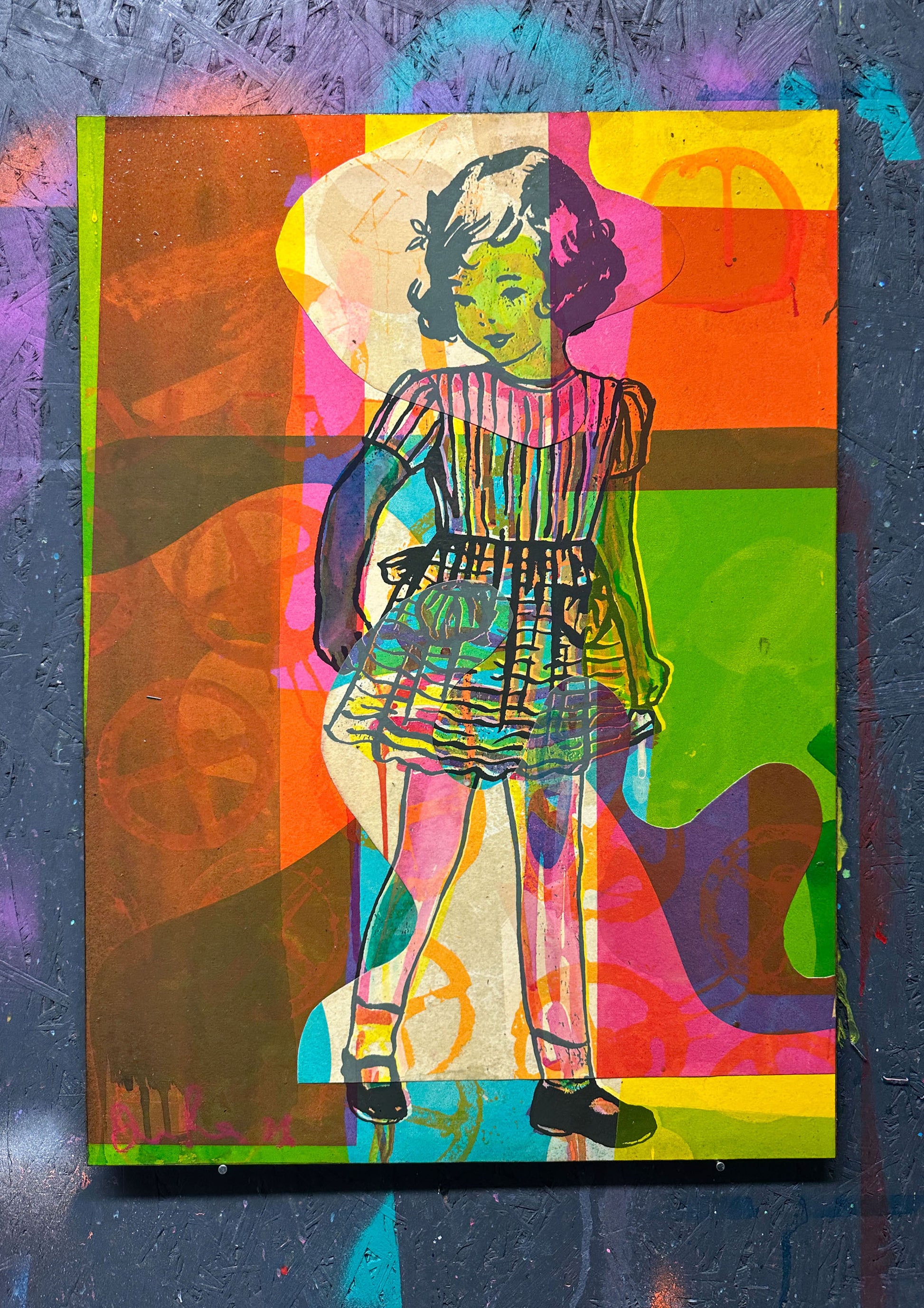 Hand-painted screenprint collage, neon yellows pinks oranges greens, vintage girl with hat and basket
