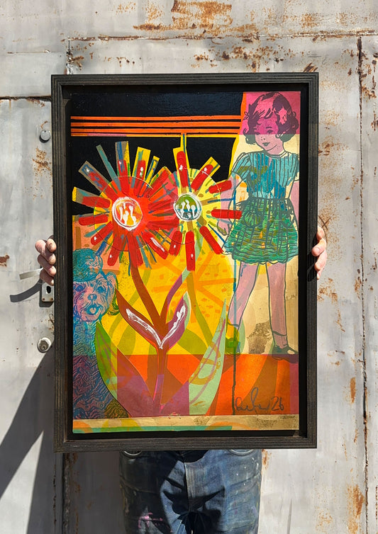 Multi-colour screenprint, orange yellow pink teal black, vintage girl and radiating flower collage