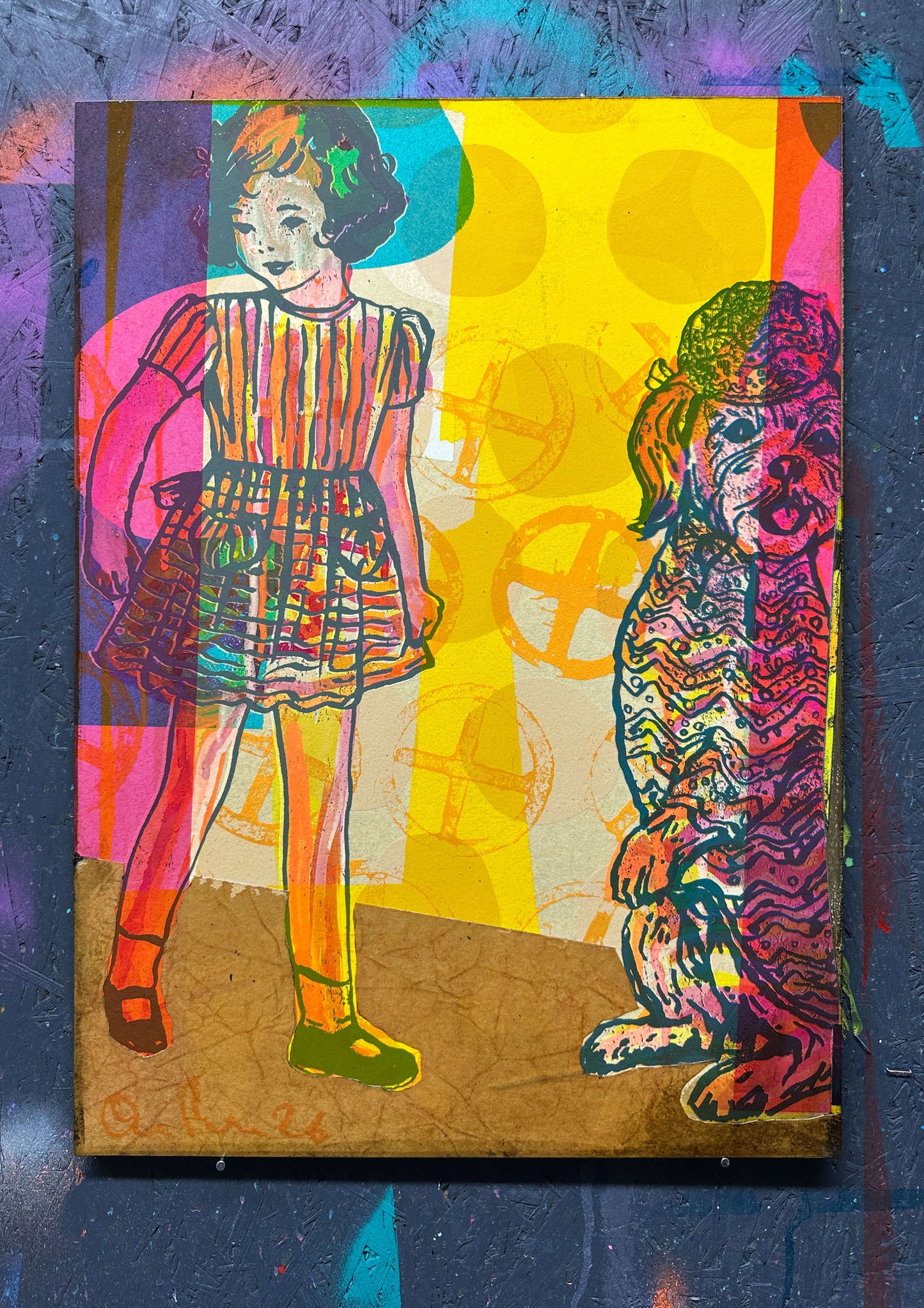 Hand-painted screenprint collage, neon yellows pinks oranges greens, vintage girl with hat and basket