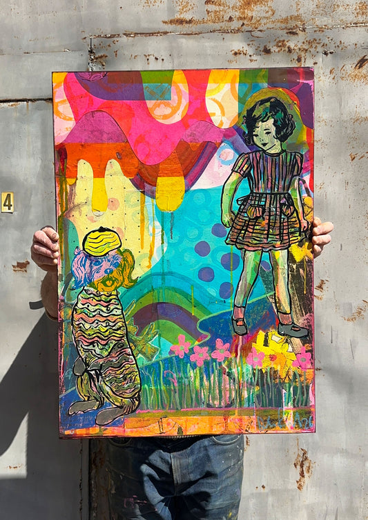 Multi-colour screenprint, pink orange yellow cyan purple, two dancing girls with flowers and patterns, original artwork