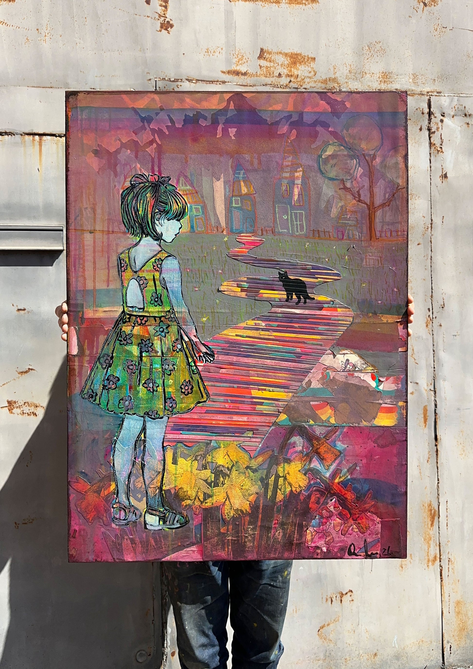 Multi-colour mixed media, orange pink yellow, girl and black cat walking home past houses with daffodils, original