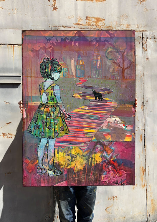 Multi-colour mixed media, orange pink yellow, girl and black cat walking home past houses with daffodils, original