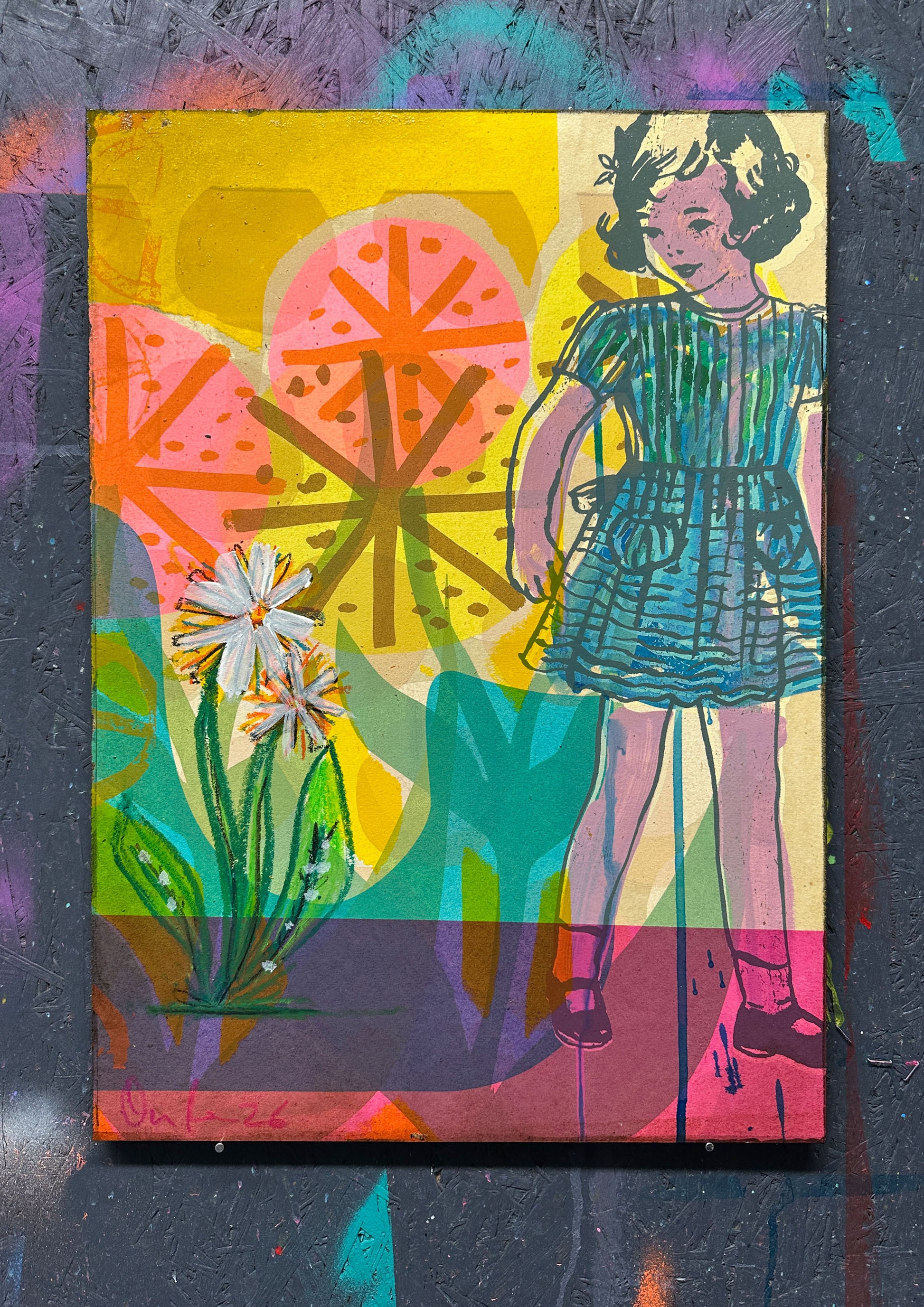 Multi-colour hand-painted collage screenprint, yellow pink teal, vintage girl with geometric flowers and daisies