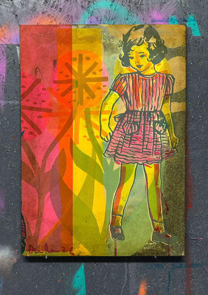 Multi-colour hand-painted collage screenprint, yellow pink teal, vintage girl with geometric flowers and daisies