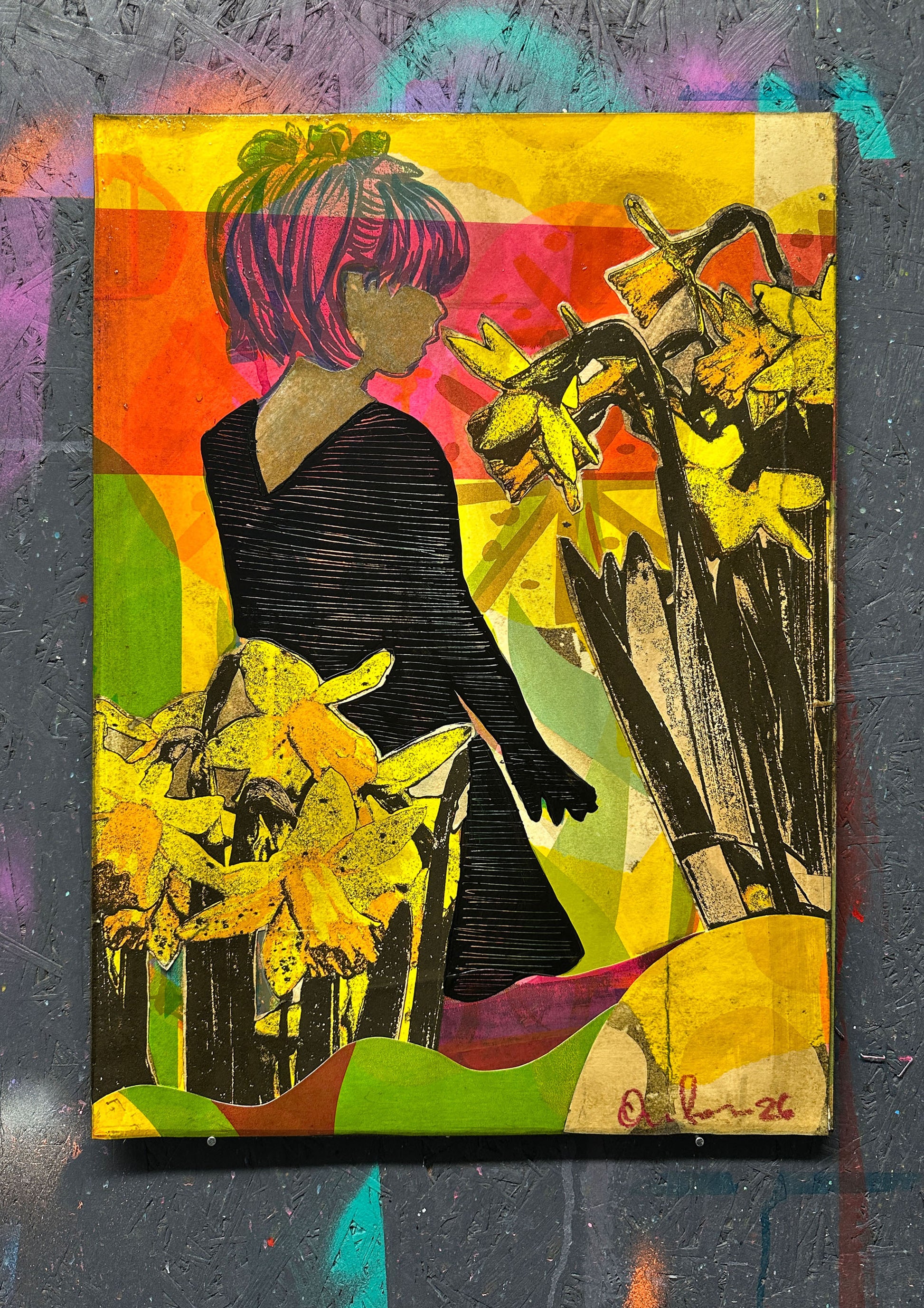 Multi-colour hand-painted collage screenprint, yellow orange pink magenta green, figure with yellow daffodils