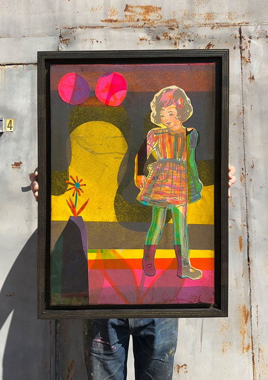 Multi-colour process screenprint, rainbow palette, vintage girl with striped dress and geometric flower, original