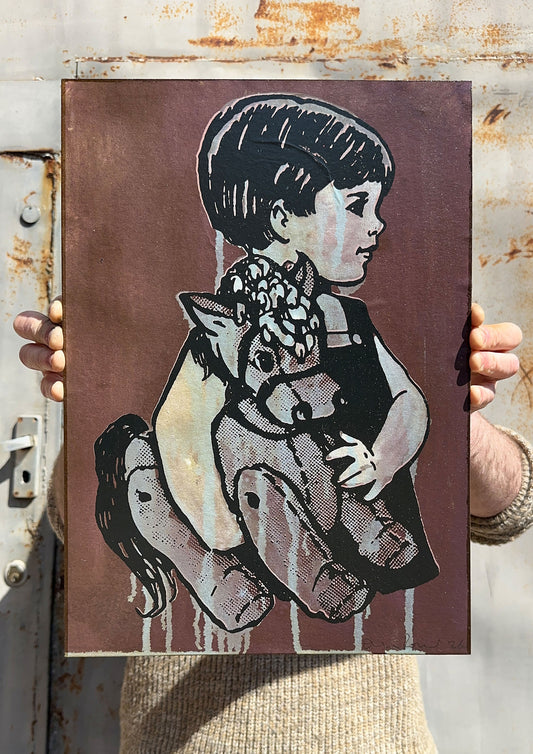 4-colour screenprint, rust brown and black with halftone, child holding reptiles in profile