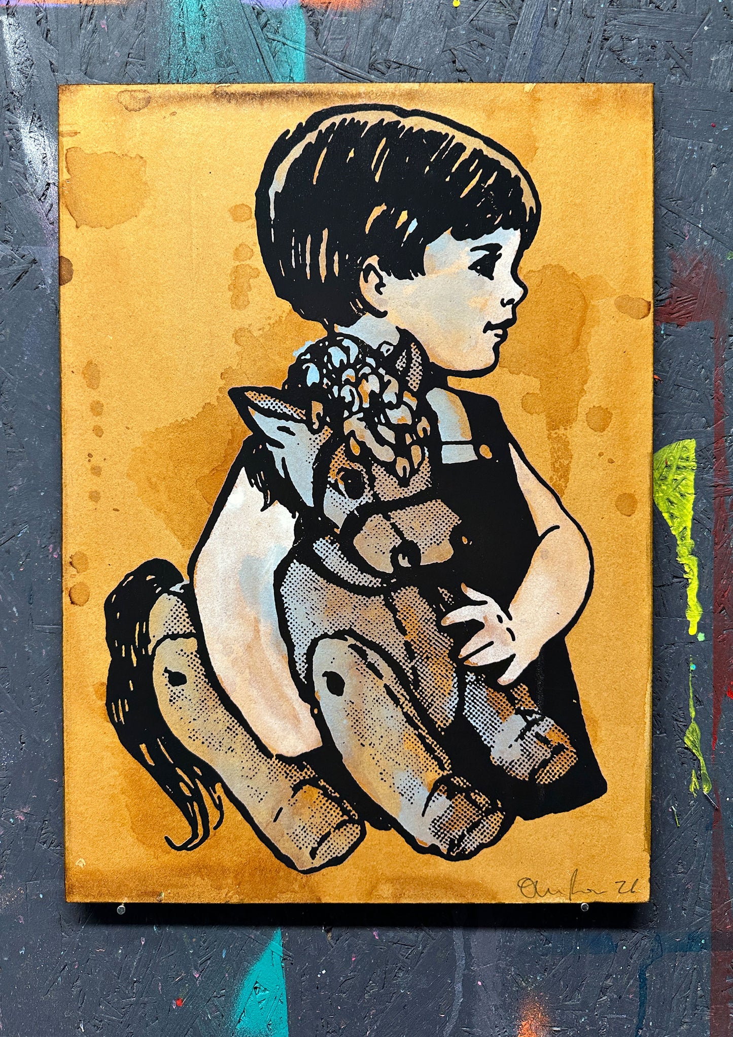 4-colour screenprint, rust brown and black with halftone, child holding reptiles in profile