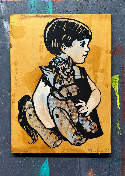 4-colour screenprint, rust brown and black with halftone, child holding reptiles in profile