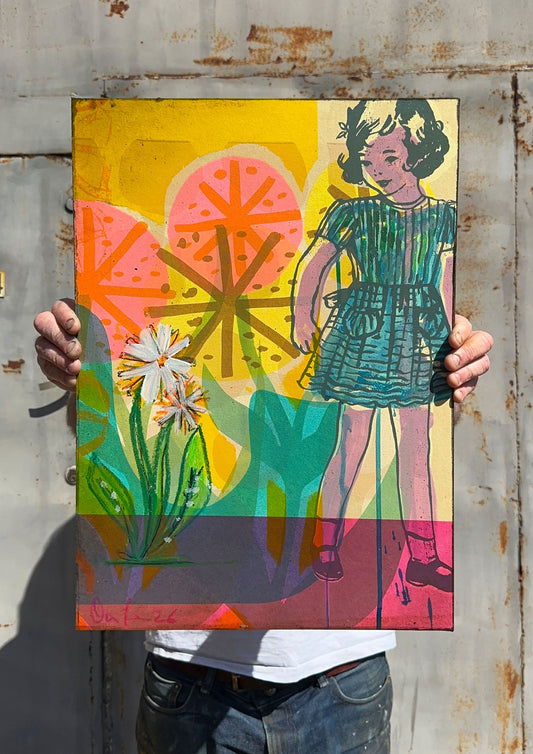 Multi-colour hand-painted collage screenprint, yellow pink teal, vintage girl with geometric flowers and daisies